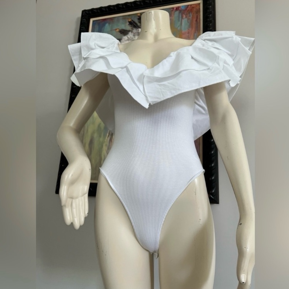 White Ruffle Off-Shoulder Bodysuit
